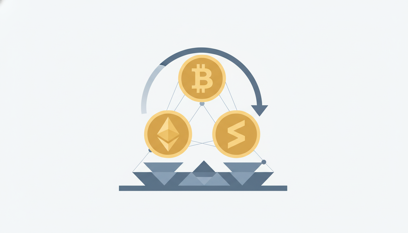Minimalist illustration of a scale balancing crypto coins and an infinity arrow, symbolising Hibachi’s continuous perpetual futures trading with trust and performance.