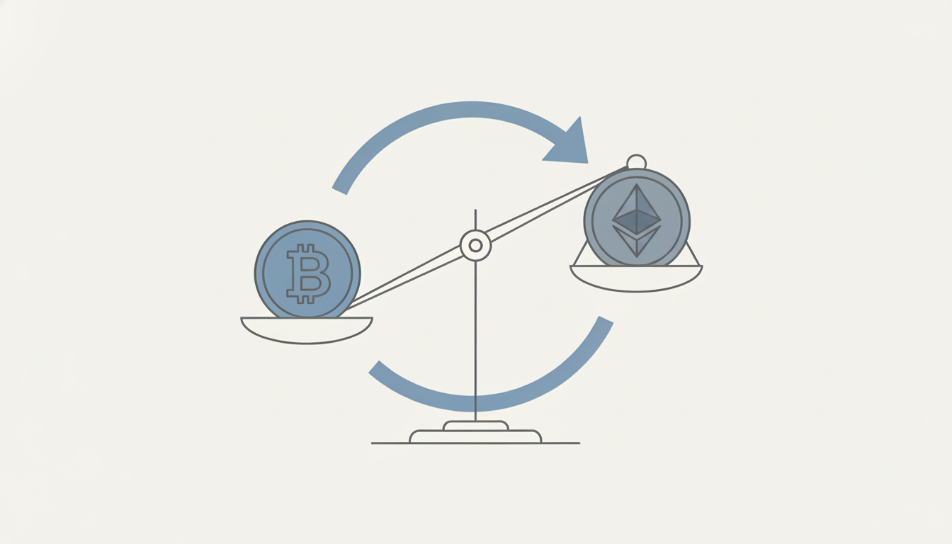 Minimalist illustration of perpetual futures in cryptocurrency markets showing Bitcoin and Ethereum symbols balanced on a scale.